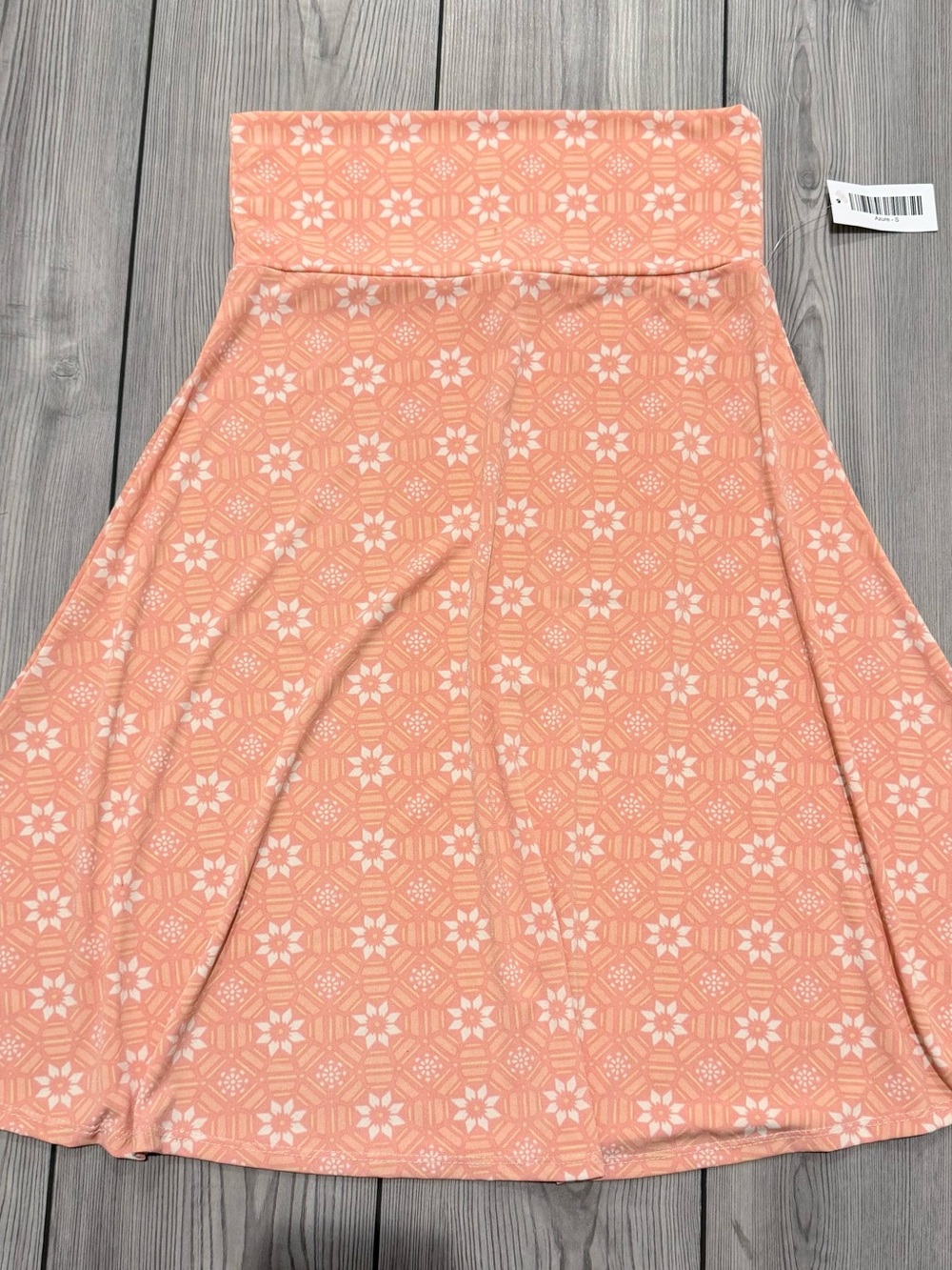 LuLaRoe Peach and White Midi Skirt with Geometric Floral Print